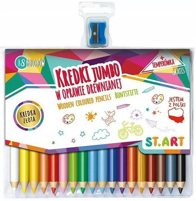 Kredki Jumbo St.Art w oprawie drewnianej, 18 kolorów + temperówka